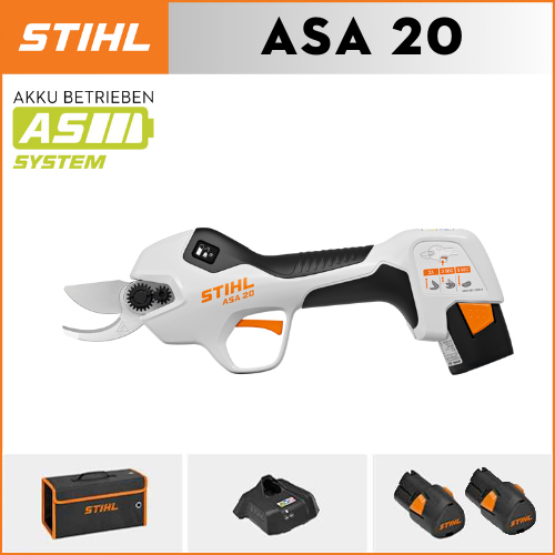 STIHL ASA20*1, ličio baterija*2, laikymo dėžutė*1, pjovimo galvutė*1, įkroviklis*1