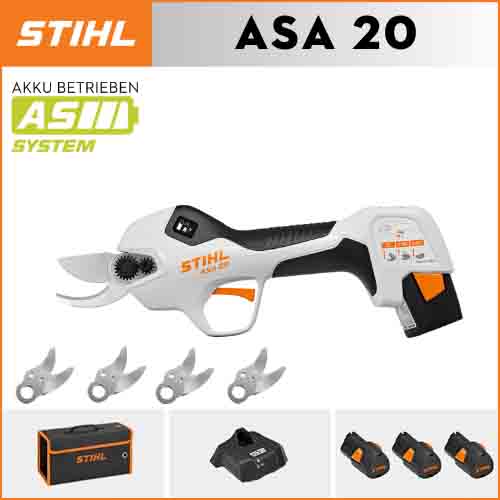 STIHL ASA20*1, ličio baterija*3, laikymo dėžutė*1, pjovimo galvutė*5, įkroviklis*1