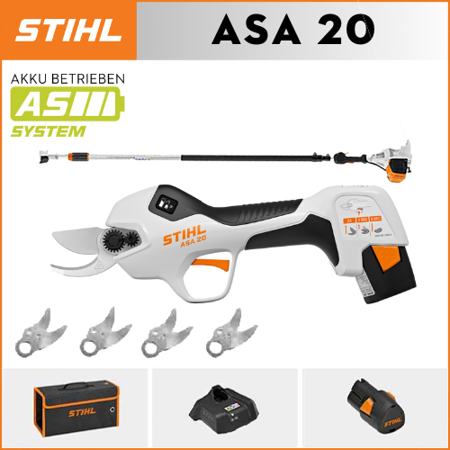 STIHL ASA20*1, ličio baterija*1, laikymo dėžutė*1, pjovimo galvutė*5, įkroviklis*1, teleskopinis stulpas*1