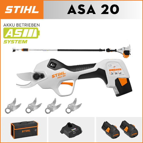 STIHL ASA20*1, ličio baterija*2, laikymo dėžutė*1, pjovimo galvutė*5, įkroviklis*1, teleskopinis stulpas*1